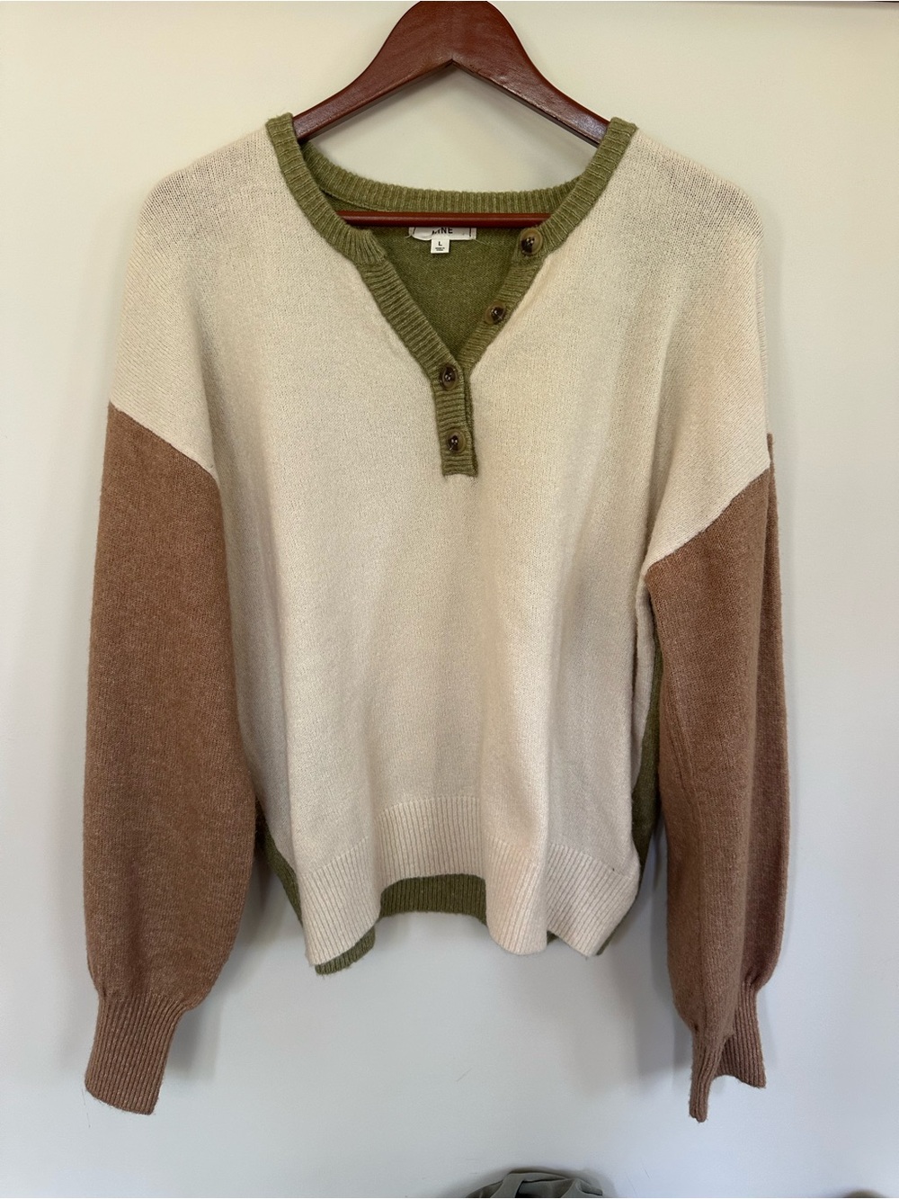 mine Cream, Olive & Brown Colorblock Henley Sweater